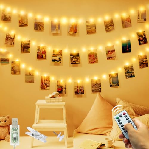 120 LED Foto Clip String Lights, USB Plug in Remote Photo Pegs Fairy Lights with 60 Clips & 20 Nails Silver Wire Hanging Indoor String Photo Frames Decoration for Bedroom Wedding Party Birthday von slochi