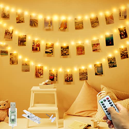 120 LED Foto Clip String Lights, USB Plug in Remote Photo Pegs Fairy Lights with 60 Clips & 20 Nails Silver Wire Hanging Indoor String Photo Frames Decoration for Bedroom Wedding Party Birthday von slochi