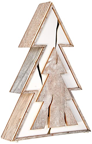 Small Foot Leuchttanne Baumscheiben Holz, im schicken Shabby-Chic-Design, mit unterschiedlichen Holzschnitten in braun und weiß, Weihnachtsdekoration mit batteriebetriebener Beleuchtung Dekoartikel, 11002 von Small Foot