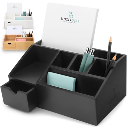 smartday Schreibtisch-Organizer aus Holz Schwarz mit Schublade - Stiftebox, Schreibtischablage Büro Organizer I Ablage, Stiftehalter aus Bambus für Schreibtisch, Büro, Home-Office von smartday