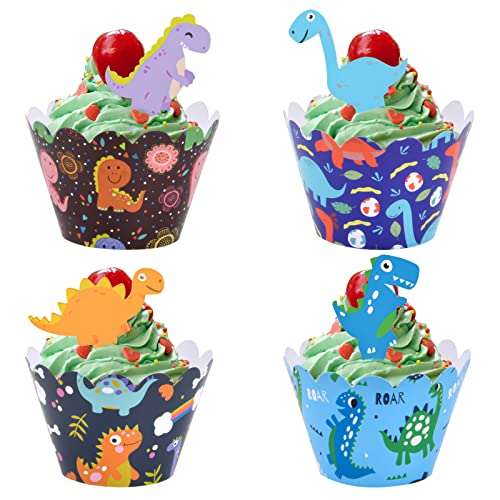 48-Set Dinosaurier Cupcake Wrappers Papier Cupcake Topper Wrapper Muffin Dekoration Verpackung Dinosaurier Kuchen Topper Dino Kuchen Förmchen Dinosaurier Kuchendekoration für Kinder Geburtstag Party von smatime