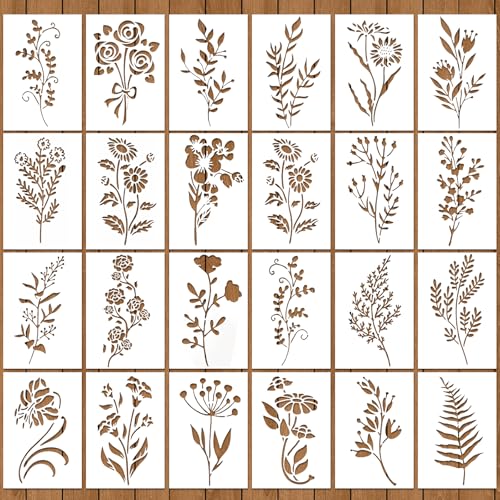 24 Blätter schablonen malen auf Holzplatten,wiederverwendbar schablonen zum malen,blumen schablonen,malschablonen,stencils for painting,schablonen textilgestaltung, auf DIY, Wänden, Möbeln von soitzhoc