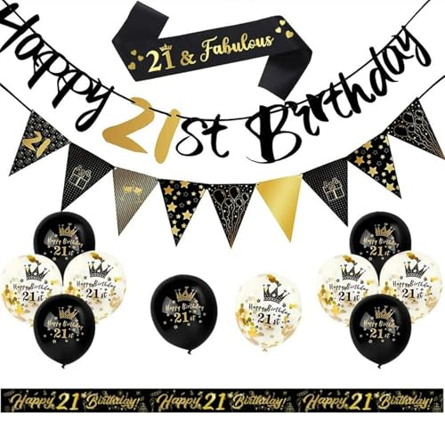 Party-Set zum 21. Geburtstag, Ball-Dekoration, inklusive Partyzubehör, Geburtsdatum, Banner, Dreiecksflaggen, Konfetti (Farbe: Schwarz + Gold) von sojupcal