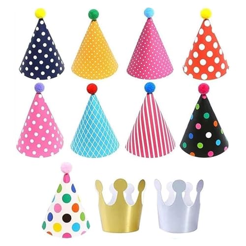 sojupcal Geburtstagsparty-Zubehör – 11 schöne Kuchen-Hüte und Kronen mit Pompons (9 Hüte + 2 Kronen) für Kinder und Erwachsene von sojupcal