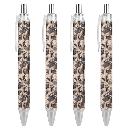 soldwellsd Kugelschreiber mit lustigem Mops-Motiv, für Damen und Herren, 0,5 mm, feiner einziehbarer Kugelschreiber, 4 Stück von soldwellsd