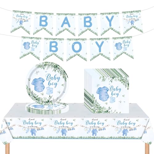 Baby Boy Shower Decorations Tableware Set, Disposable Plates Napkins, Tablecloth and Banner, for Baby Boy Baby Shower Decorations (Blue Tableware Set) von soleim