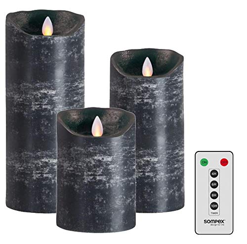 3er SET! Sompex Flame LED Echtwachs Kerze / Kerzen FERNBEDIENBAR V14 Anthrazit (Schwarz Grau) 8 x 12,5cm - 8 x 18cm - 8 x 23cm - MIT FERNBEDIENUNG! Bundle inklusive Fernbedienung! (3er Set) von sompex