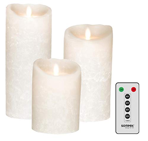 sompex 3er SET Flame LED Kerzen V14 Frosted Weiß 12,5cm, 18cm, 23cm mit Fernbedienung von sompex