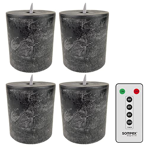 sompex 4er Set Echtwachskerzen 10x11cm Flame LED anthrazit mit Fernbedienung, fernbedienbar, Adventskranz, Stumpenkerzen von sompex