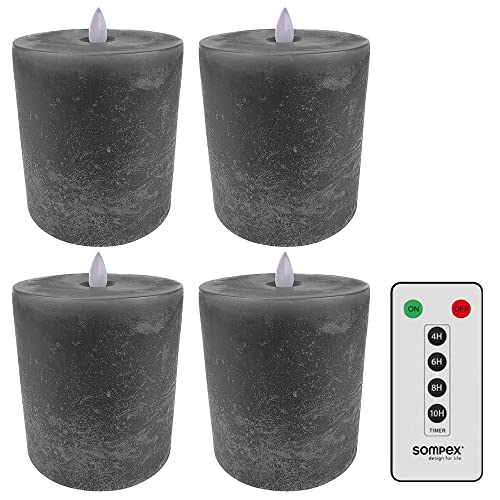 sompex 4er Set Echtwachskerzen 10x11cm Flame LED grau mit Fernbedienung, fernbedienbar, Adventskranz, Stumpenkerzen von sompex