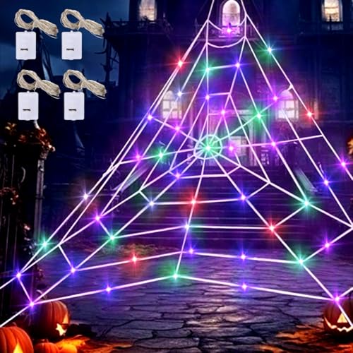 songyea Halloween Spinnennetz Deko, 3,6 m 9-Schleifennetz DIY dekoratives Spinnennetz mit 4 Lichterketten (Farbe, Insgesamt 120 LEDs) für Haushof Garten Indoor Outdoor (Farbe) von songyea