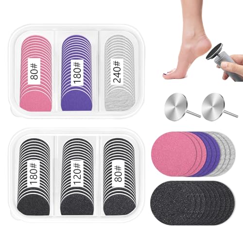 Soodyoow 120 Stück Schleifscheibe Pediküre Set, 80/120/180/240 Grit Schleifpapier mit 2 Metall Bits(25mm), für Maniküre Pediküre Elektrische Hornhautentferner mit Aufbewahrungsbox von soodyoow