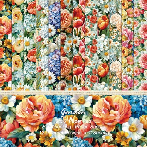 24 Blatt Blühende Blumen Muster Papier, 15,2 x 15,2 cm Scrapbooking Supplies Dekoratives Bastelpapier für DIY Kartenherstellung Fotoalbum Junk Journal Dekor von sorkwo