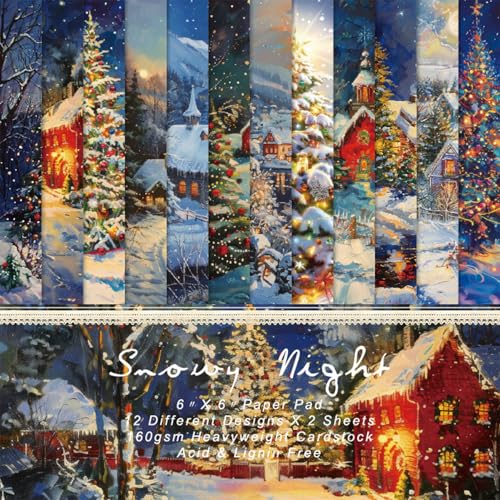 Sorkwo 24 Blatt Weihnachten verschneite Nacht Muster Papier 15,2 x 15,2 cm weiß quadratisch beschichtetes Papier für DIY Kartenherstellung Scrapbooking Origami Geschenk Dekoration von sorkwo
