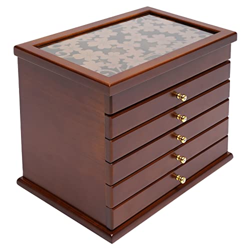 6 Schicht Schmuckkasten Holz Groß, Schmuckkästchen Vintage mit Samtfutter, Top Geschnitzte Schmuckschatulle, FÜR Armbänder Halskette Ringe, Geschenk (Walnussfarbe) von soudesileim