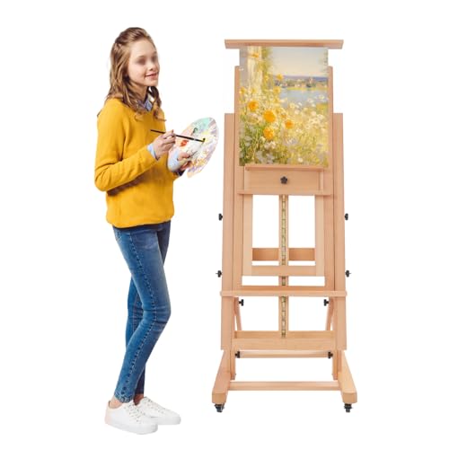 soudesileim Multifunktionale Staffelei Verstellbar 140-300cm, 2 Bilder, H-Basis, Waagerecht und Senkrecht, max Tragfähigkeit 10kg, Profi Staffelei Holz Groß mit Rollen, Easel (Holzfarbe) von soudesileim
