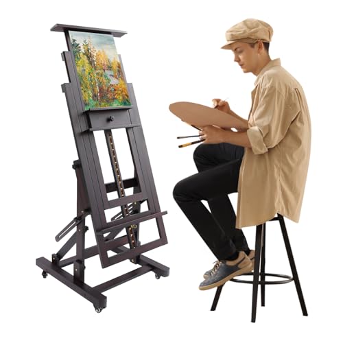 soudesileim Multifunktionale Staffelei Verstellbar 140-300cm, 2 Bilder, H-Basis, Waagerecht und Senkrecht, max Tragfähigkeit 10kg, Profi Staffelei Holz Groß mit Rollen, Easel (Schwarznuss) von soudesileim