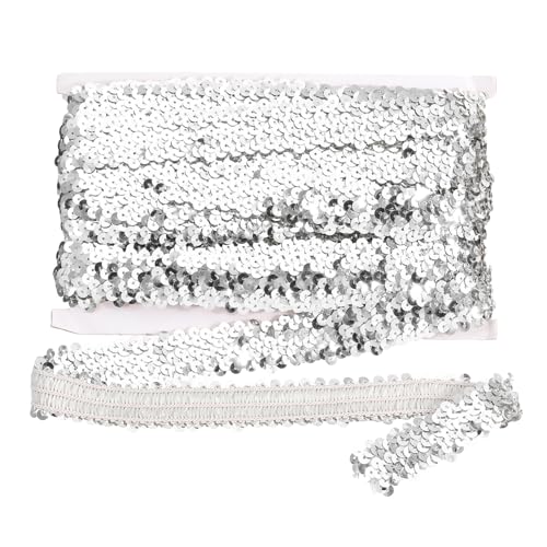 sourcing map 10 m x 3 cm elastischer Paillettenbesatz, flach, dehnbar, Pailletten-Streifen, Pailletten-Stoffband für DIY, Basteln, Nähen, Kleid, Silber von sourcing map