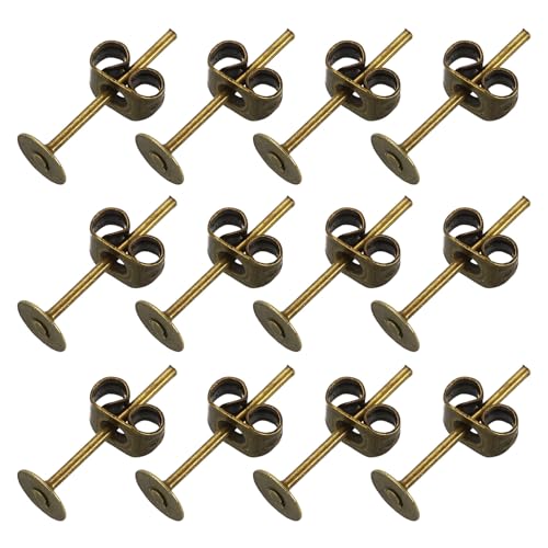 sourcing map 100 Stück Ohrringpfosten und Verschlüsse, 4 mm, flach, blanko, Ohrstecker, Ohrstecker mit Schmetterlingsverschlüssen für Handwerk, Schmuck, DIY, Bronze von sourcing map