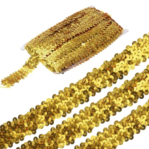 sourcing map 11 Yards 1.2 Inch Elastische Paillettenborte 3-reihig Flache Paillettenband Paillettenstoffband für Basteln DIY Paillettenfransen Nähen Gold von sourcing map