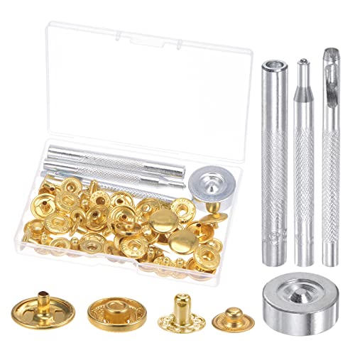 sourcing map 12 Set Schnellverschlüsse Kit 3/5" 15mm Metall Presse Nieten Knöpfe mit 4 Einrichter Werkzeuge und Lagerbox für Bekleidung Leder Nähen Golden von sourcing map