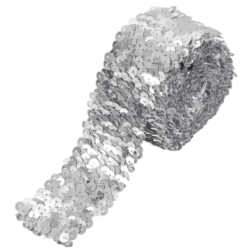 sourcing map 2,2 Yards 5,1 cm elastischer Paillettenbesatz 5 Reihen flacher Paillettenstreifen Pailletten Stoffband für Handwerk DIY Pailletten Fransen Nähen, Silber von sourcing map