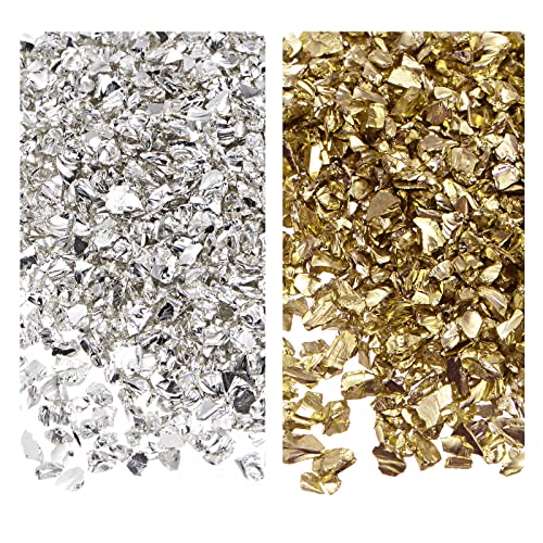 sourcing map 2 Farben Crushed Glass Chips, 1-4mm Unregelmäßiges Glitzer-Metallic-Glas zum Basteln, DIY, Schmuckfüller, Epoxidharz-Dekoration, 28 g, golden Farbton, Silber Farbton von sourcing map