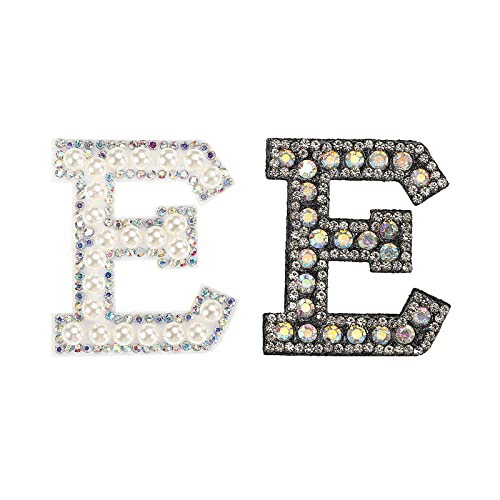 sourcing map 2 Stück Bügelbild Buchstabe E Schwarz Weiß Patch Glitzer Alphabet Applikation Strass Perle Englisch Buchstabe für DIY Kleidung Reparatur Hüte Taschen von sourcing map