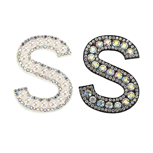 sourcing map 2 Stück Bügelbild Buchstabe S Schwarz Weiß Patch Glitzer Alphabet Applikation Strass Perle Englisch Buchstabe für DIY Kleidung Reparatur Hüte Taschen von sourcing map