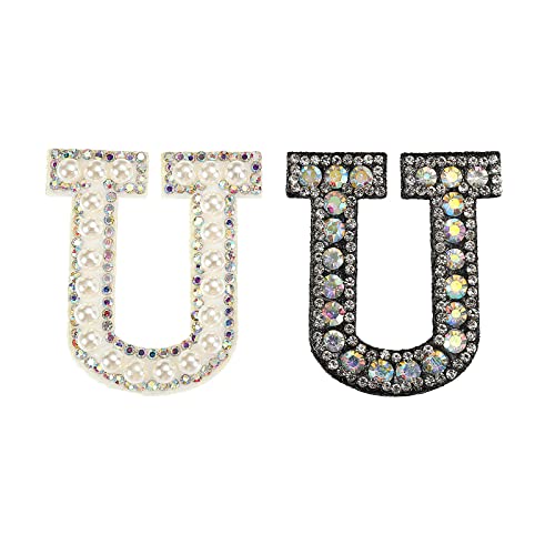 sourcing map 2 Stück Eisen auf Dekorativen Buchstaben U Schwarz Weiß Patch Glitze Alphabet Applikation Strass Perle Englisch Brief für DIY Kleidung Reparatur Hüte Taschen von sourcing map