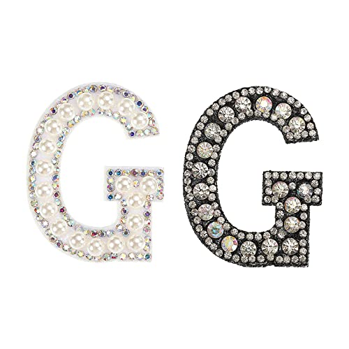 sourcing map 2 Stück Strass Buchstaben Patches G Schwarz Weiß Patch Glitze Alphabet Applikation Strass Perle Englisch Brief für DIY Kleidung Reparatur Hüte Taschen von sourcing map