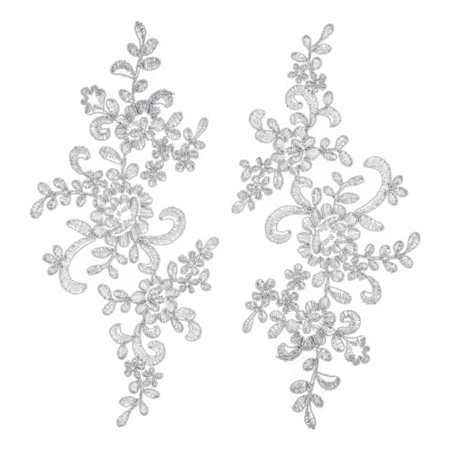 sourcing map 2 x Blumen-Spitzenapplikationen, 3D-Stickerei, Spitzenaufnäher, Verzierungen für Hochzeit, Brautkleid, Kleidung, DIY, Basteln, Zubehör, Spitzendekoration, Silber (23 cm) von sourcing map