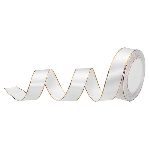 sourcing map 2.5cm 23m Breit Satinschleife mit Gold Ränder Bordüre Ripsband Stoff Schleife für Geschenkpapier Hochzeit Blumenstrauß Weiß von sourcing map