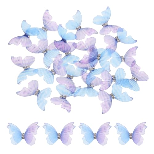 sourcing map 20 Stück durchsichtige Netz-Schmetterling-Applikationen, 30 mm, zweilagige Schmetterlinge mit Edelstein-Applikation, DIY, 3D-Handwerk, Ornament für Hochzeit, Party, Heimdekoration von sourcing map