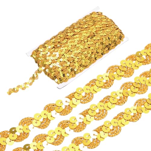 sourcing map 22 Yard Pailletten Perlen Spitzenborte 1,5 cm Wellen-Paillettenborte Zierleiste Paillettenband für Handwerk, Verzierungen, DIY Nähen Kostüm, Gelbgold von sourcing map