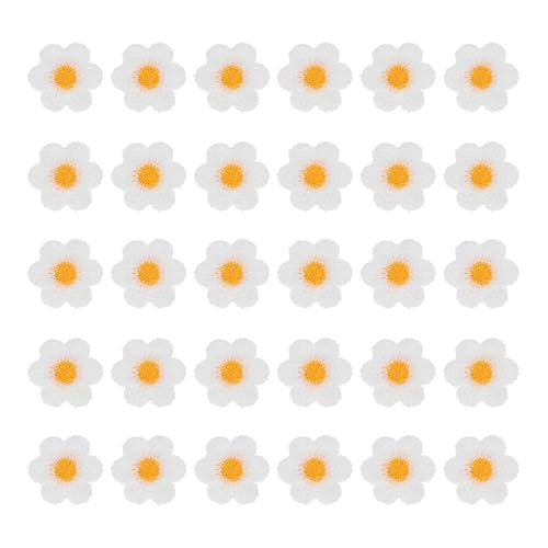 sourcing map 30 Stück Blumen-Aufnäher zum Aufnähen, 35 x 35 mm, gehäkelte Blumen-Applikation, Reparatur, bestickt, gestrickt, Transferapplikationen für Kleidung, DIY-Dekorationen, Weiß von sourcing map