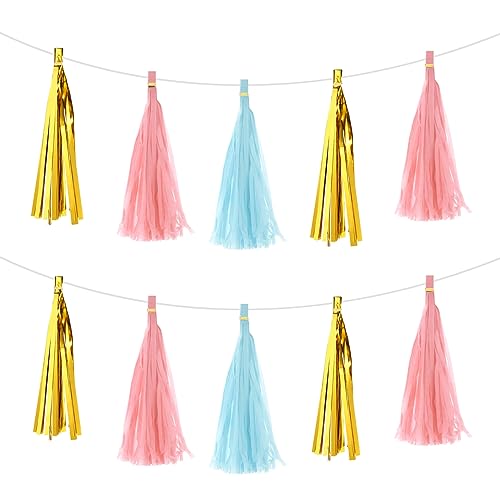 sourcing map 30Stk Hell Blau Hell Rosa Gold Quaste Girlande Banner mit Seil Seidenpapier Quasten Party Quasten Bastel Set für Hochzeit Geburtstag Party Deko von sourcing map