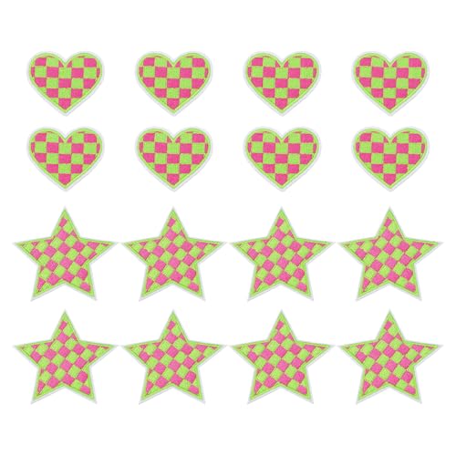 sourcing map 32 Stück Herz Stern kariert Bügelbilder bestickte Applikationen zum Aufnähen auf Jacken Denim-Kollektion Kleidung Kleid Hüte Jeans DIY Zubehör, Grün/Rose Pink von sourcing map