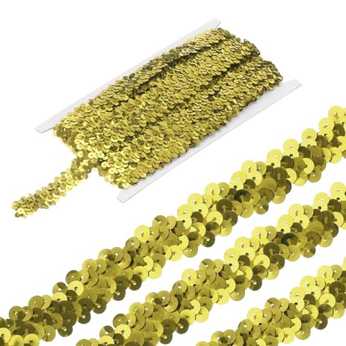 sourcing map 4,5 m elastische Pailletten-Bordüre, 2-reihig, flach, Pailletten-Streifen, Pailletten-Stoffband für Bastelarbeiten, DIY, Fransen, Nähen, Kostümkleid, Goldton von sourcing map