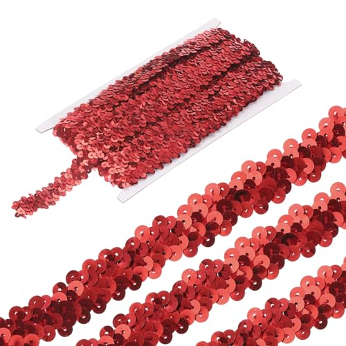 sourcing map 4,5 m elastische Pailletten-Bordüre, 2-reihig, flach, Pailletten-Streifen, Pailletten-Stoffband für Handwerk, DIY, Fransen, Nähen, Kostüm, Kleid, Rot von sourcing map