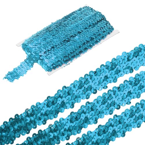 sourcing map 4,5 m elastische Pailletten-Bordüre, 3 Reihen, flach, Pailletten-Streifen, Pailletten-Stoffband für Handwerk, DIY, Fransen, Nähen, Kostüm, Kleid, Seeblau von sourcing map
