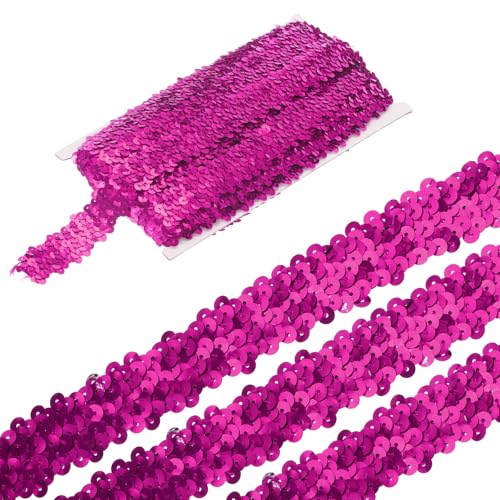 sourcing map 4,5 m elastische Pailletten-Bordüre, 3 Reihen, flach, Pailletten-Streifen, Pailletten-Stoffband für Handwerk, DIY, Fransen, Nähen, Kostümkleid, Rosarot von sourcing map