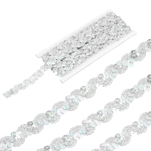 sourcing map 4,5 m lange Pailletten-Spitzenbordüre, 1,5 cm, gewellt, Pailletten-Bordüre, Zierband für Handwerk, Verzierungen, DIY Nähkostüm, Bling Silber von sourcing map