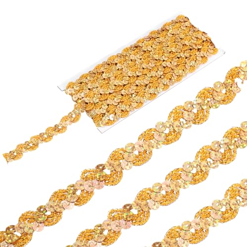 sourcing map 4,5 m lange Pailletten-Spitzenborte mit Perlen, 1,5 cm, gewellt, Pailletten-Bordüre, Zierband für Handwerk, Verzierungen, DIY-Nähkostüm, Bling Gold von sourcing map