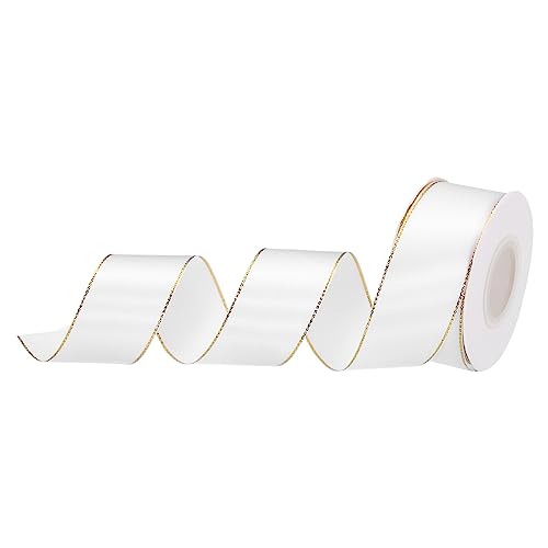 sourcing map 40mm x 23m Satinband Weiß mit Goldrahmen, Geschenkband Satinschleife Seidenbänder Bunt Schleifenband Dünn Einfarbig für Hochzeit Geschenk Verpackung Kuchenbox Schleifen von sourcing map