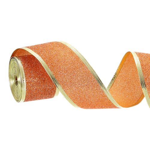 sourcing map 5,1 cm x 9,1 m glitzerndes Band, Drahtband für Kranzschleifen, Geschenkverpackungen, Weihnachtsbaumschmuck, Basteln, Orange von sourcing map