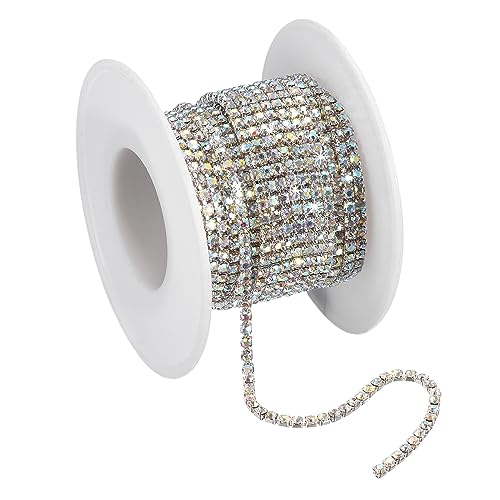 sourcing map 1 Rolle 5m x 3mm Kristall Strassband Strasskette, Strasssteine Glitzerband Aufnähen Schließen Klaue Kette Trimmen für Basteln Schmuck Kleidung Taschen Deko, Silber AB Farbe von sourcing map