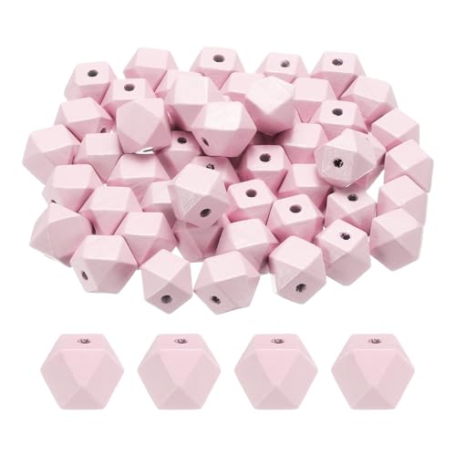 sourcing map 50 Stück 16 mm hellrosa geometrische Holzperlen, 3,3 mm großes Loch, Polygon, lose Abstandshalter für Schmuckherstellung, Halsketten, Armbänder, DIY, Basteln, Makramee, handgefertigte von sourcing map