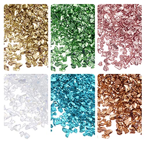 sourcing map 6 Farben Crushed Glass Chips, 1-4mm Unregelmäßiges Glitzer-Metallic-Glas zum Basteln DIY Vasenfüller Epoxidharz-Dekoration 28 g golden Farbtone grüne Farbserie von sourcing map