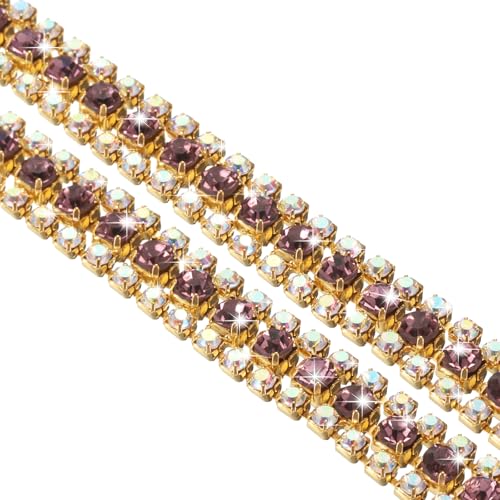 sourcing map 91 cm 3 Reihen Kristall-Strass-Kettenbesatz, Kristall-Strass-Diamantstreifen, Strass-Bling, Nähverzierungen (9 mm, AB und dunkelvioletter Strass mit goldener Basis) von sourcing map